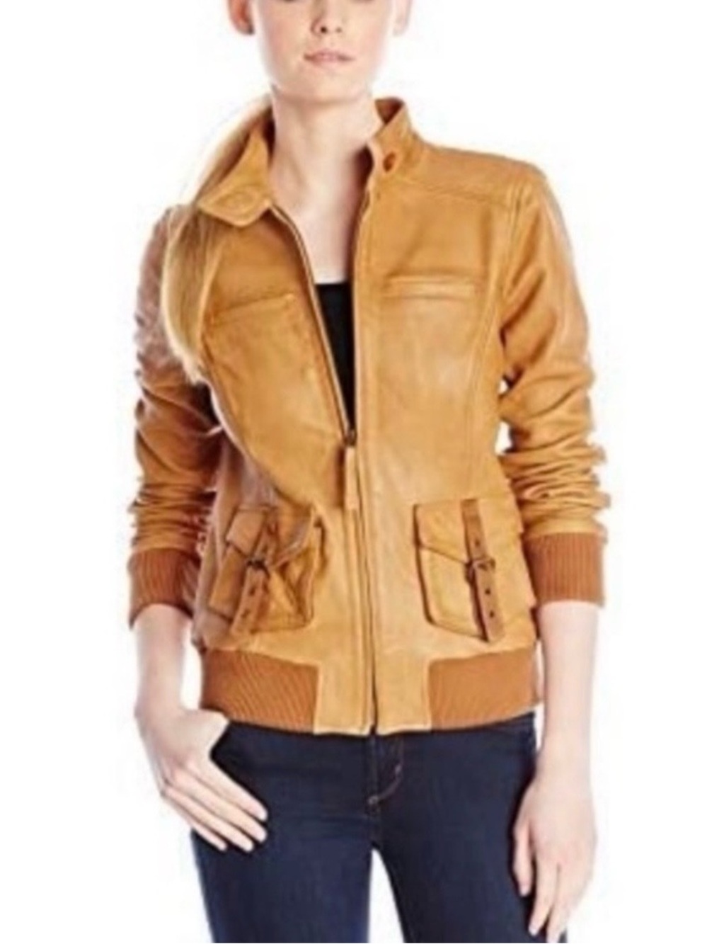 Lucky Brand Women's Tan Leather Jacket with Buckle Pocket Details